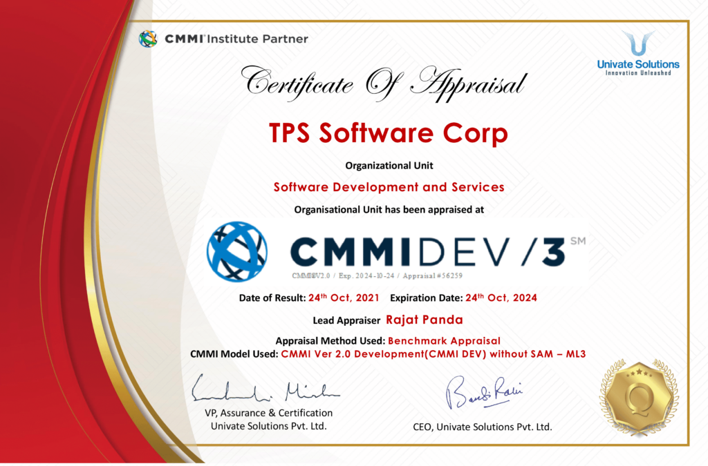 TPS Software Achieved CMMI Maturity Level 3 For Software Development