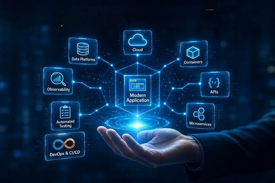 Application modernization is supported by a connected technology foundation, from cloud and containers to APIs, microservices, DevOps, automated testing, observability, and modern data platforms